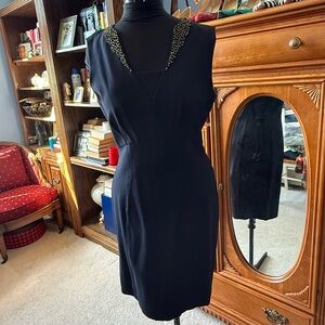 ANTONIO MELANI Navy Sleeveless Beaded-Collar Sheath Dress